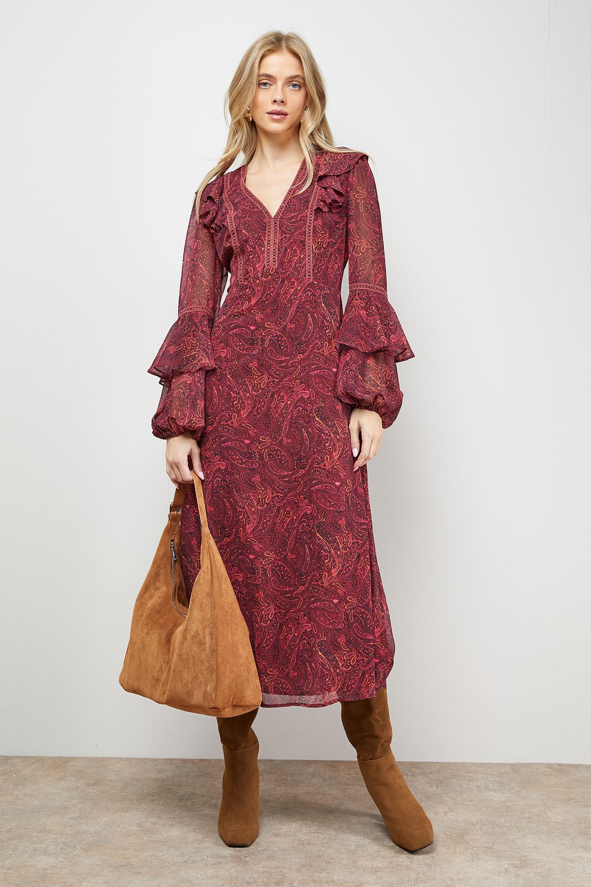 Oasis Printed Trim Detail Frill Shoulder Midi Tea Dress Multi image 1