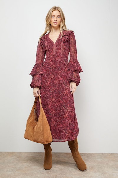 Oasis Printed Trim Detail Frill Shoulder Midi Tea Dress Multi