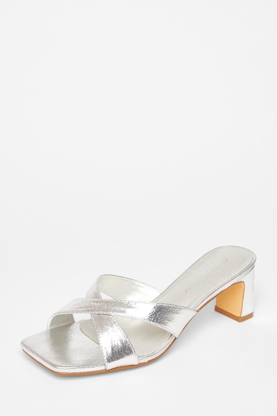 Quiz Silver Wide Fit Cross Strap Mule Heels