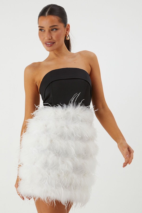 MissPap Bandeau Satin Feather Mini Dress Black