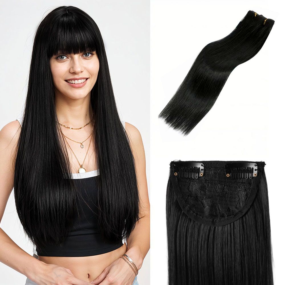 SHEONLY 3Pcs Black Clip-In Straight Hair Extension Set image 2