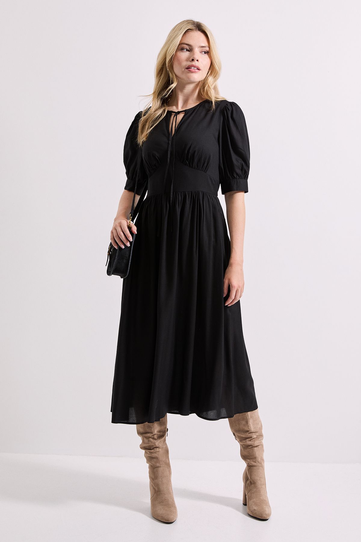 Dorothy Perkins Tie Neck Empire Seam Puff Sleeve Midi Dress Black image 2