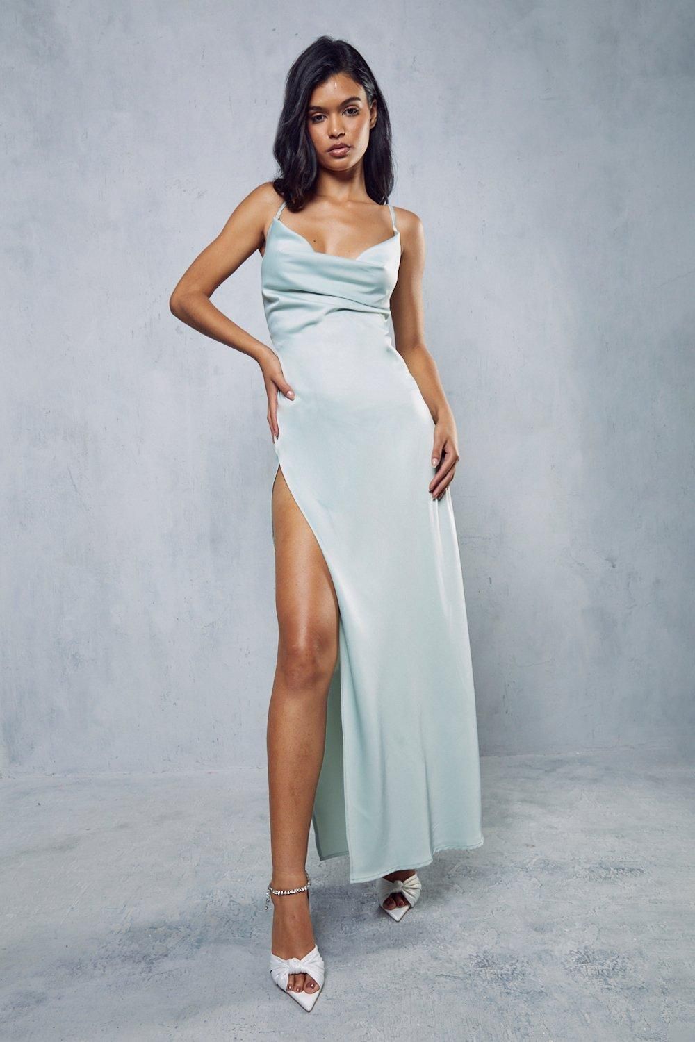 MissPap Premium Satin Cowl Neck Maxi Dress Sage image 4