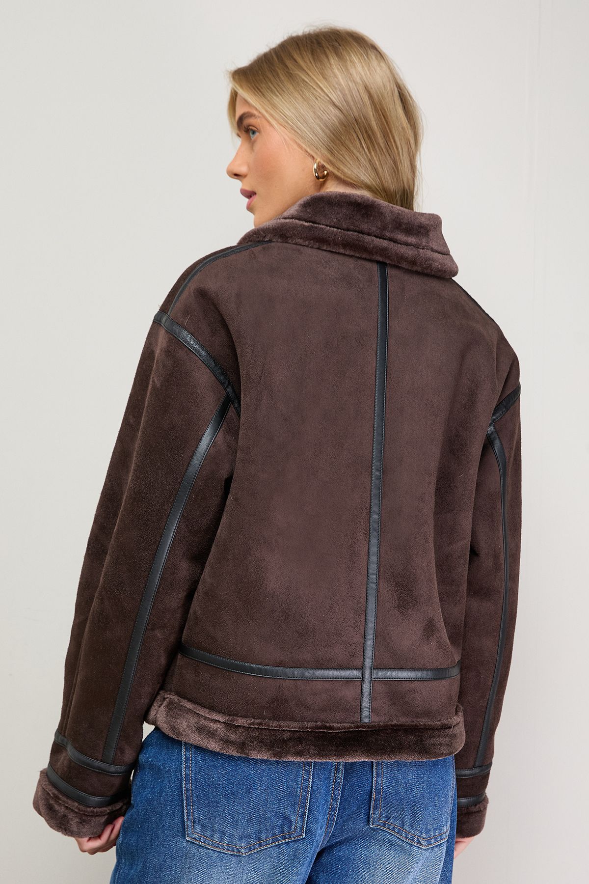 Oasis Zip Through Faux Leather Short Aviator Jacket Chocolate image 3