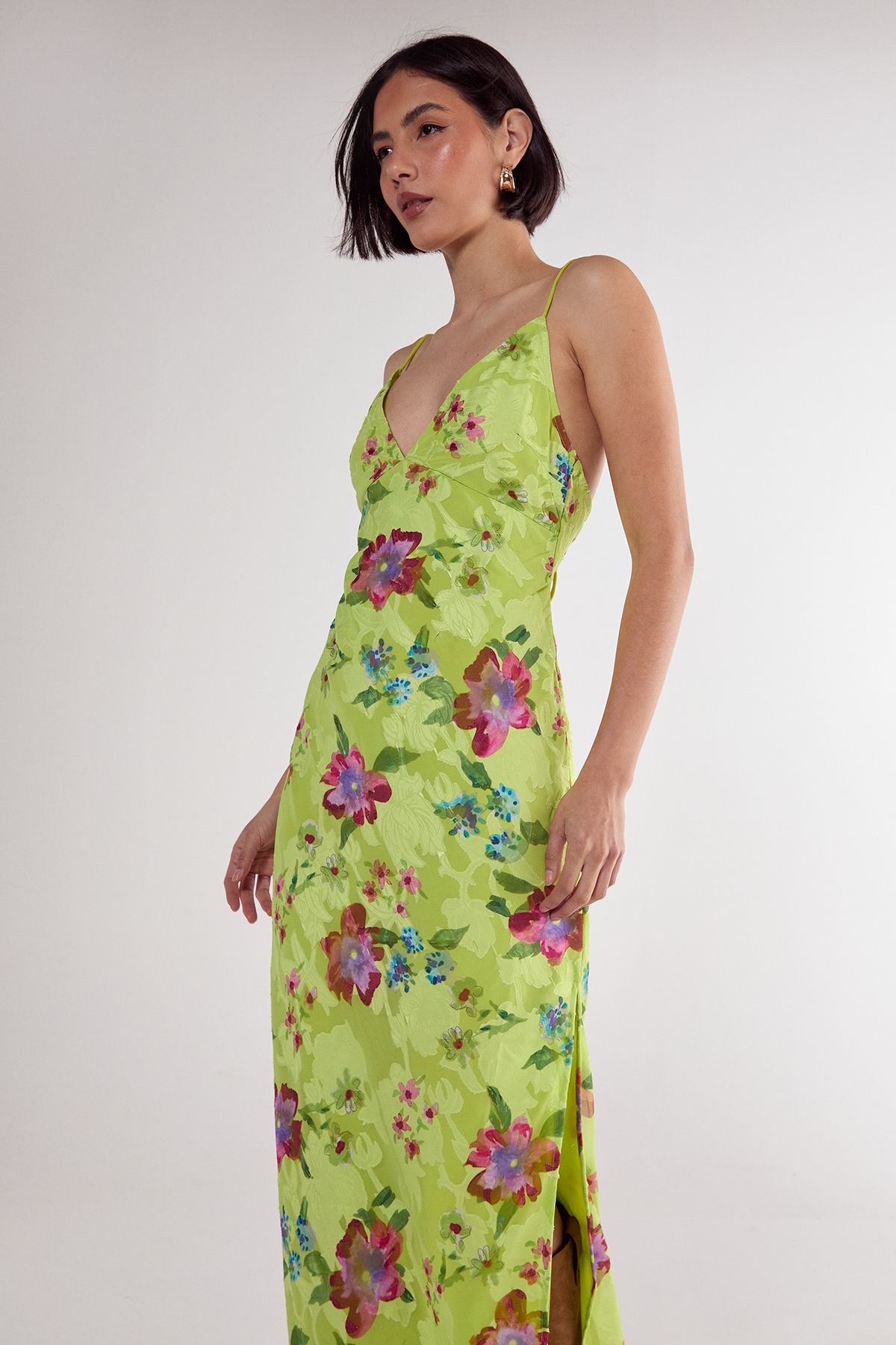 NastyGal Floral Burnout Strappy Tie Back Split Leg Maxi Dress Lime image 1