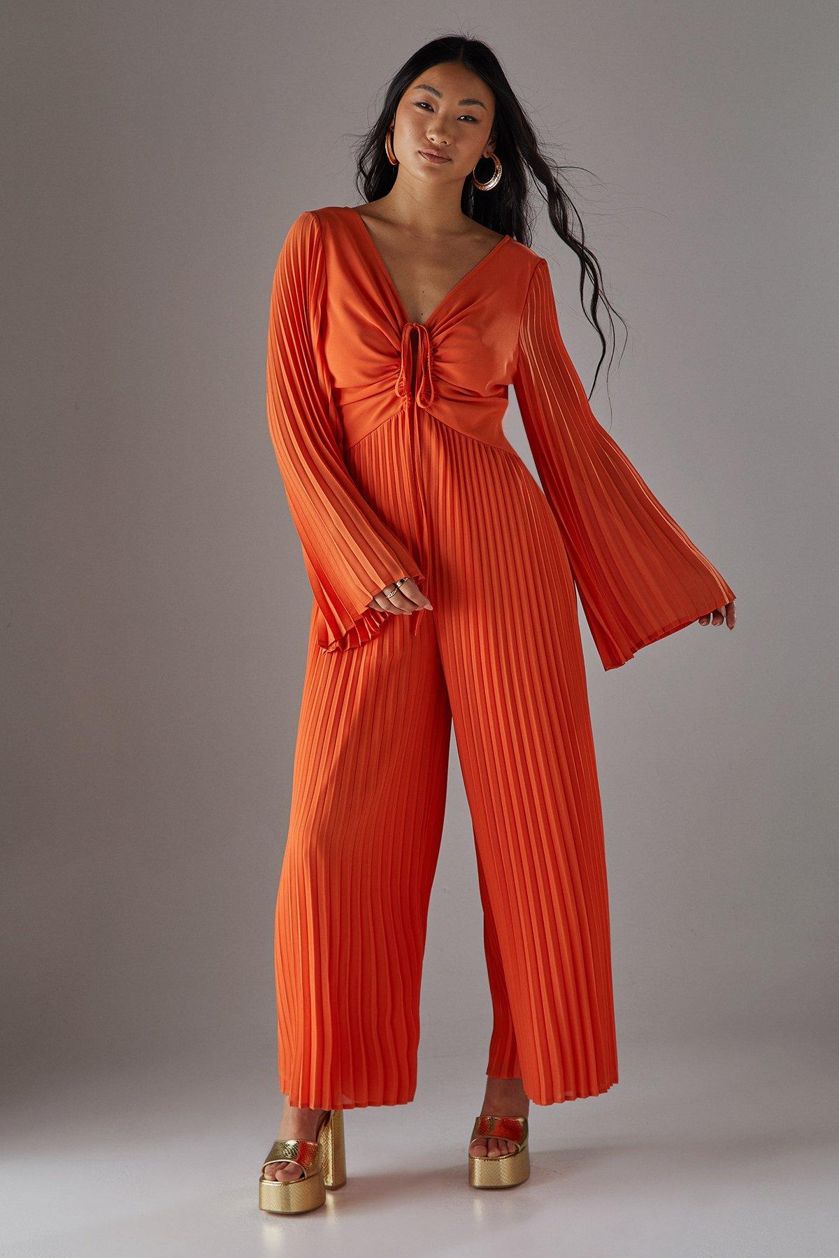 Warehouse Orange Petite Chiffon Pleated Keyhole Flared Sleeve