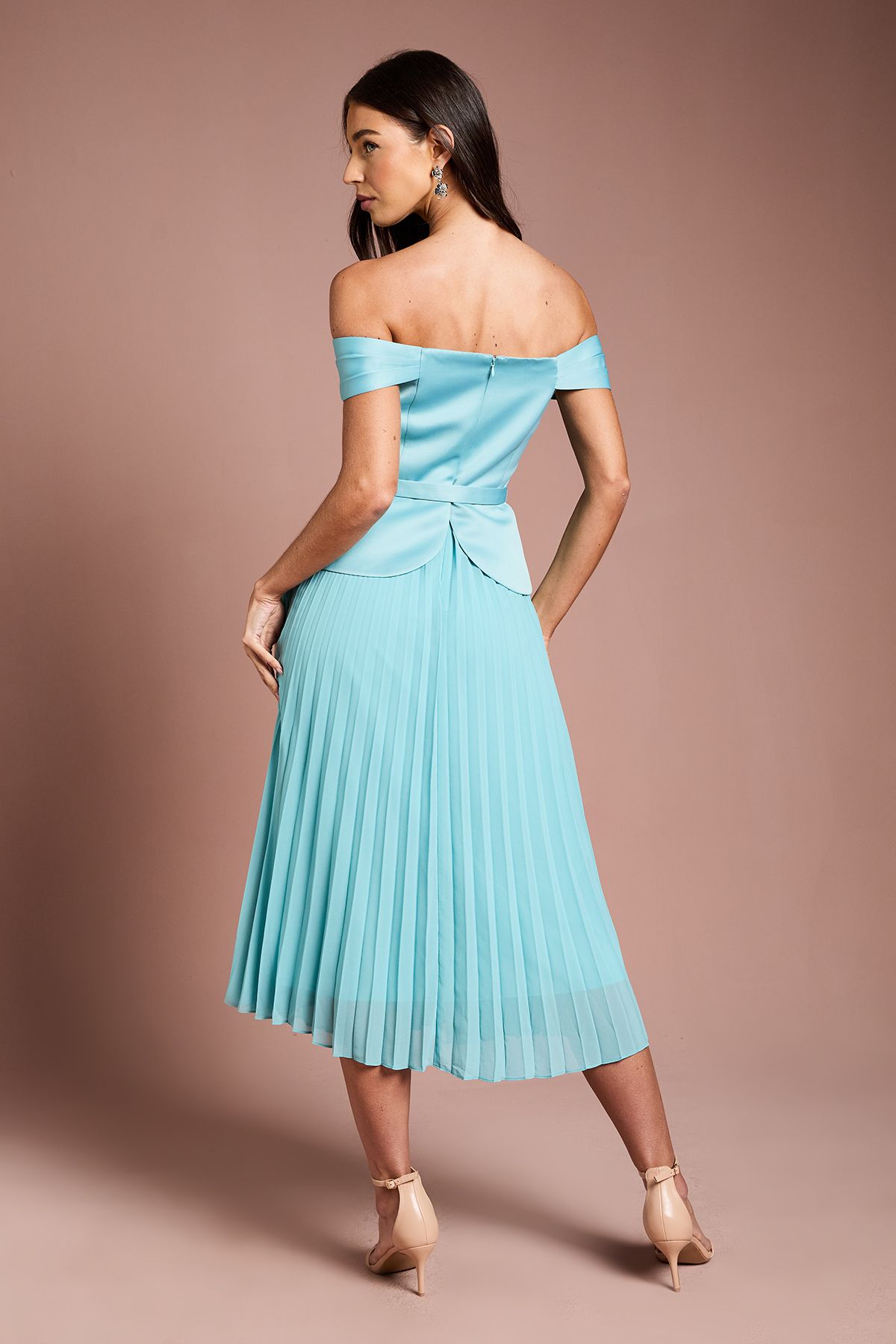 Coast Satin Bardot Top Pleat Skirt Midi Dress Mint image 3