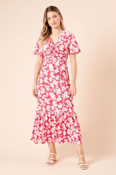 Dorothy Perkins Pink Floral Angel Sleeve Tie Front Midi Dress Pink