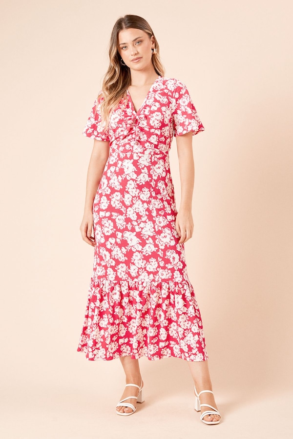 Dorothy Perkins Pink Floral Angel Sleeve Tie Front Midi Dress Pink