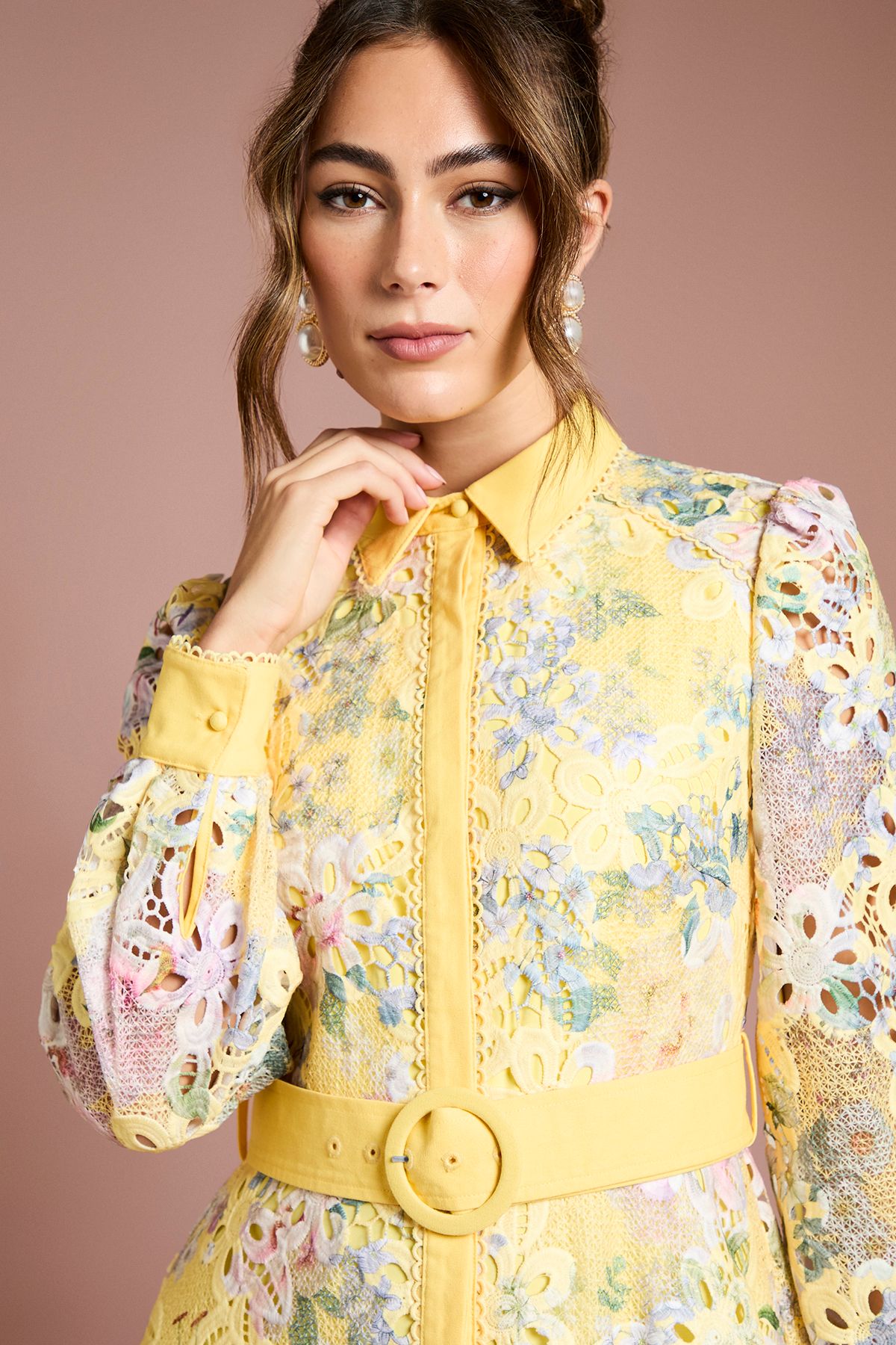 Coast Cutwork Lace Printed Shirt Dress Yellow image 4