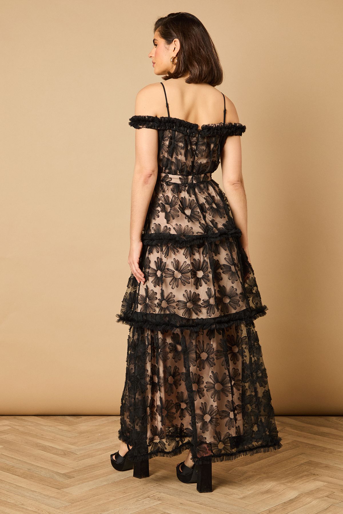 Oasis Mesh Floral Bardot Occasion Midi Dress Black image 4