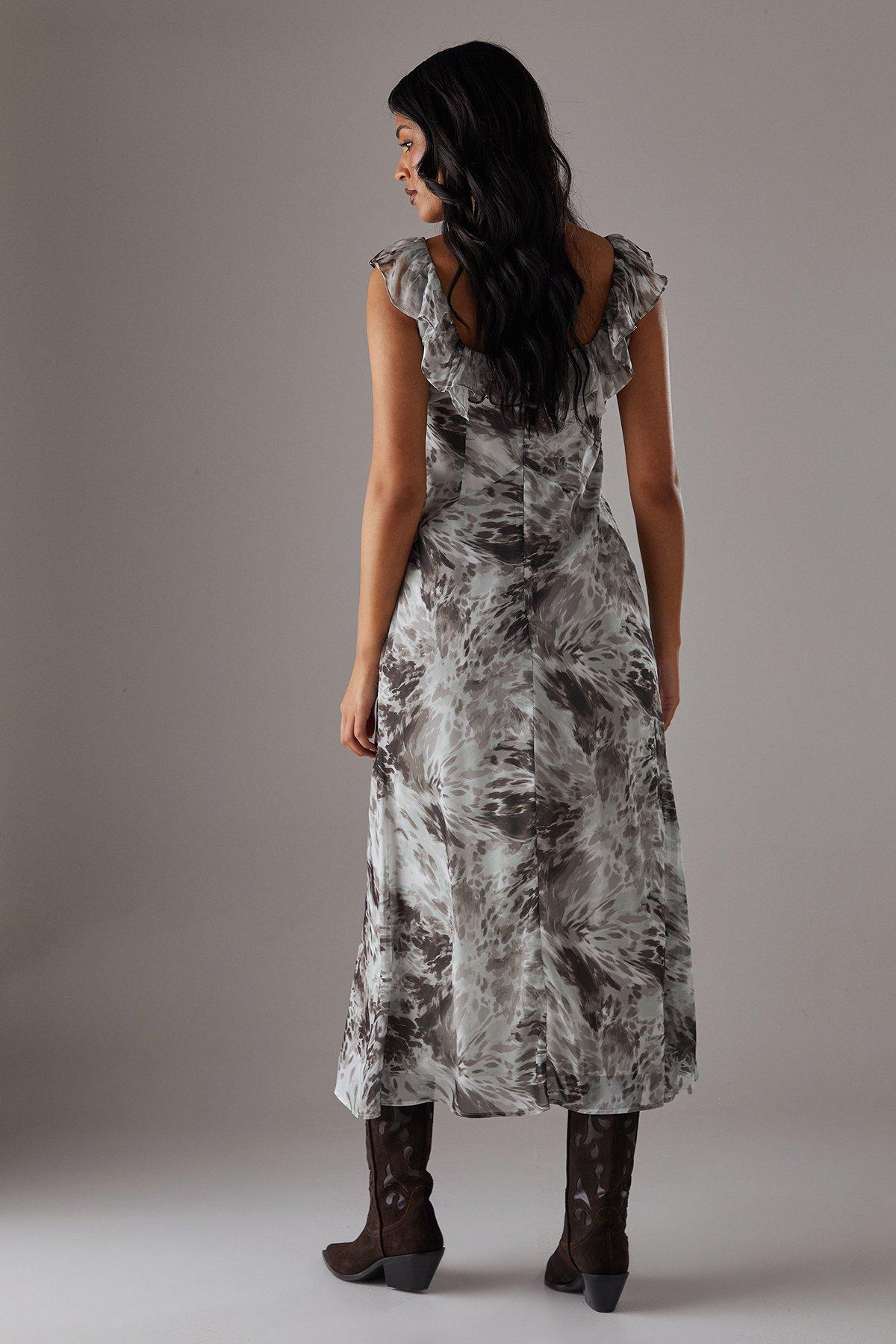 Warehouse Chiffon Ruffle Double layer Midi Dress Multi image 4