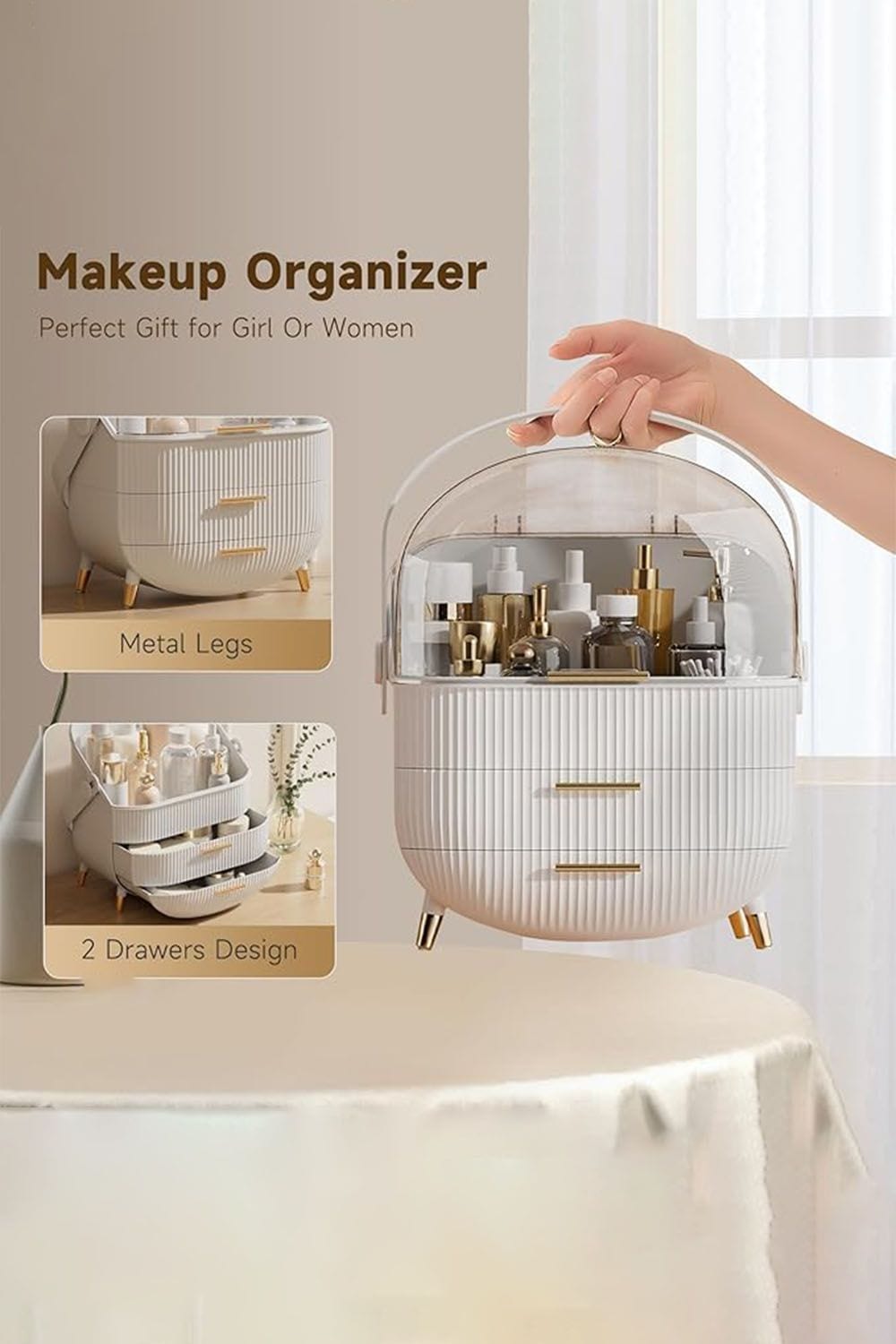 SHEONLY Cosmetic Organizer Skincare Display Box With 2 Layers Of Storage Boxes And Transparent Lid Elegant Makeup Storage Organizer Box with Drawers and Handle image 2