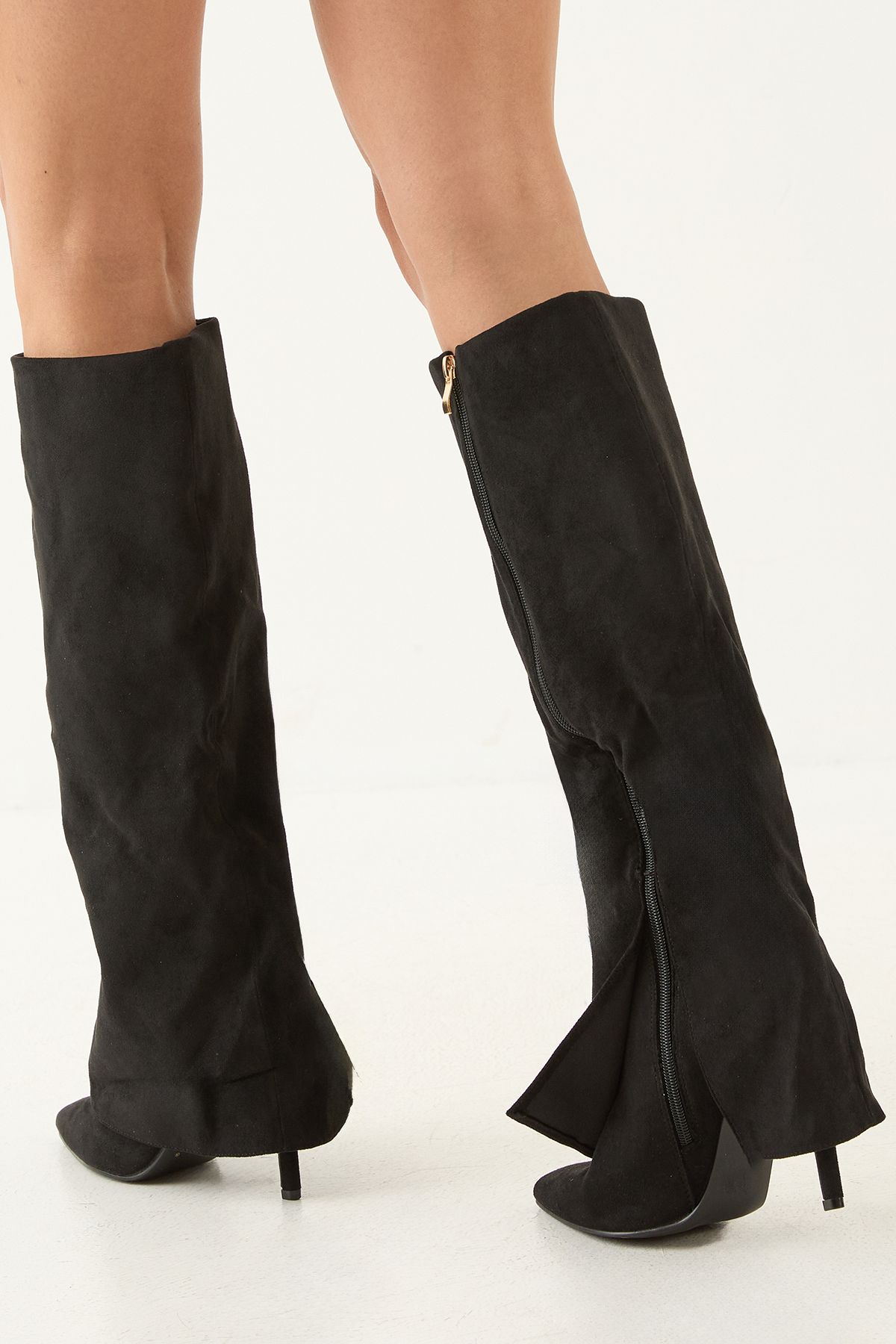 MissPap Faux Suede Sleeve Pointed High Stiletto Heel Knee Boots Natural Black image 3