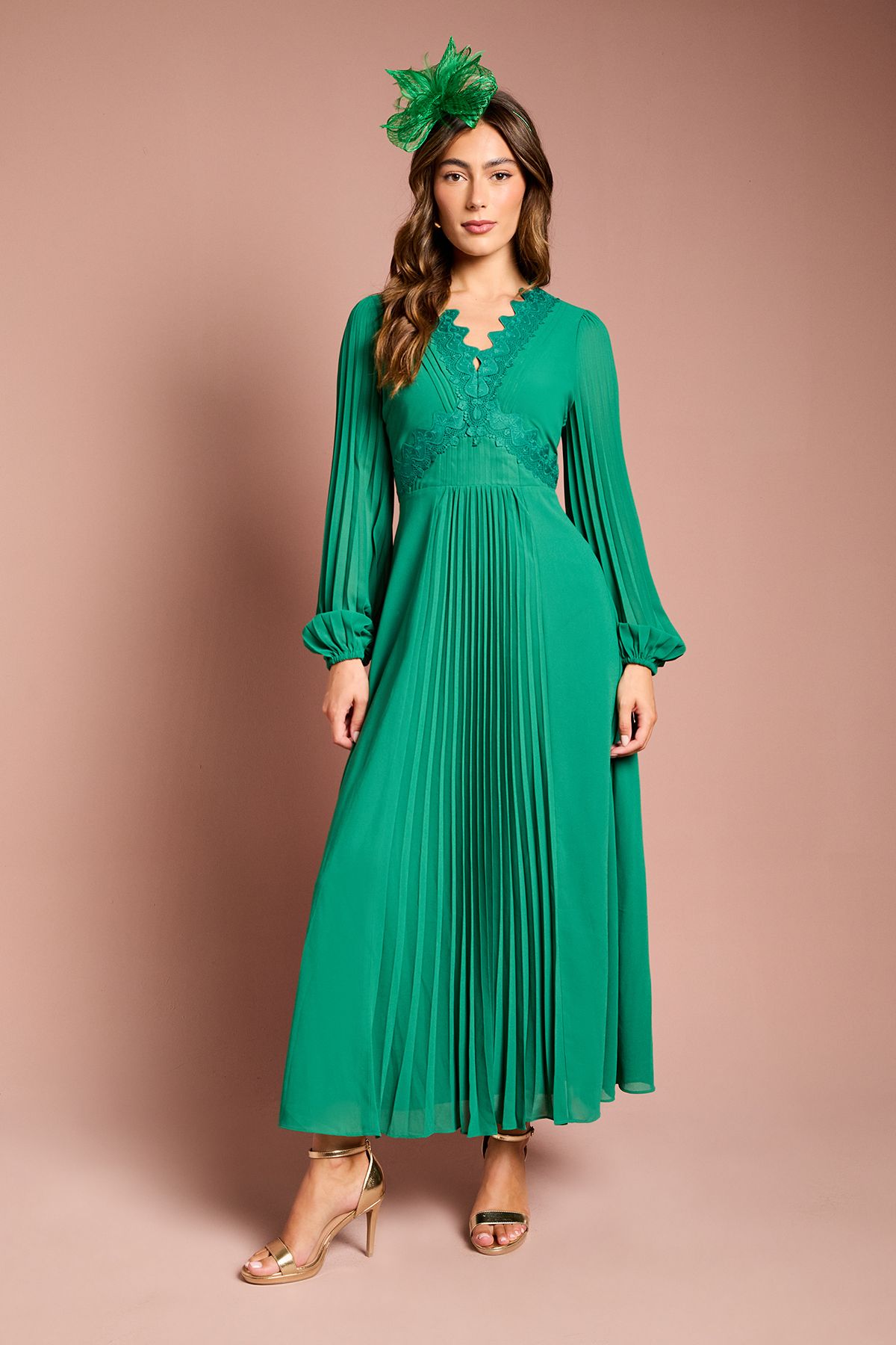 Coast Pleat Detail Lace Trim Maxi Dress Emerald image 1