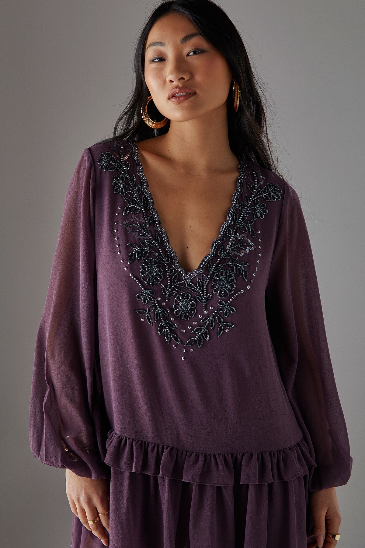 Warehouse Petite Hand Embellished Chiffon Mini Smock Dress Mauve image 3