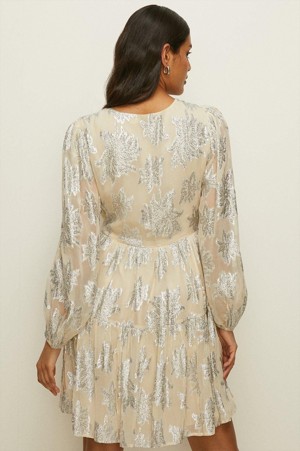 Oasis Petite Metallic V Front Smock Mini Dress Ivory image 3