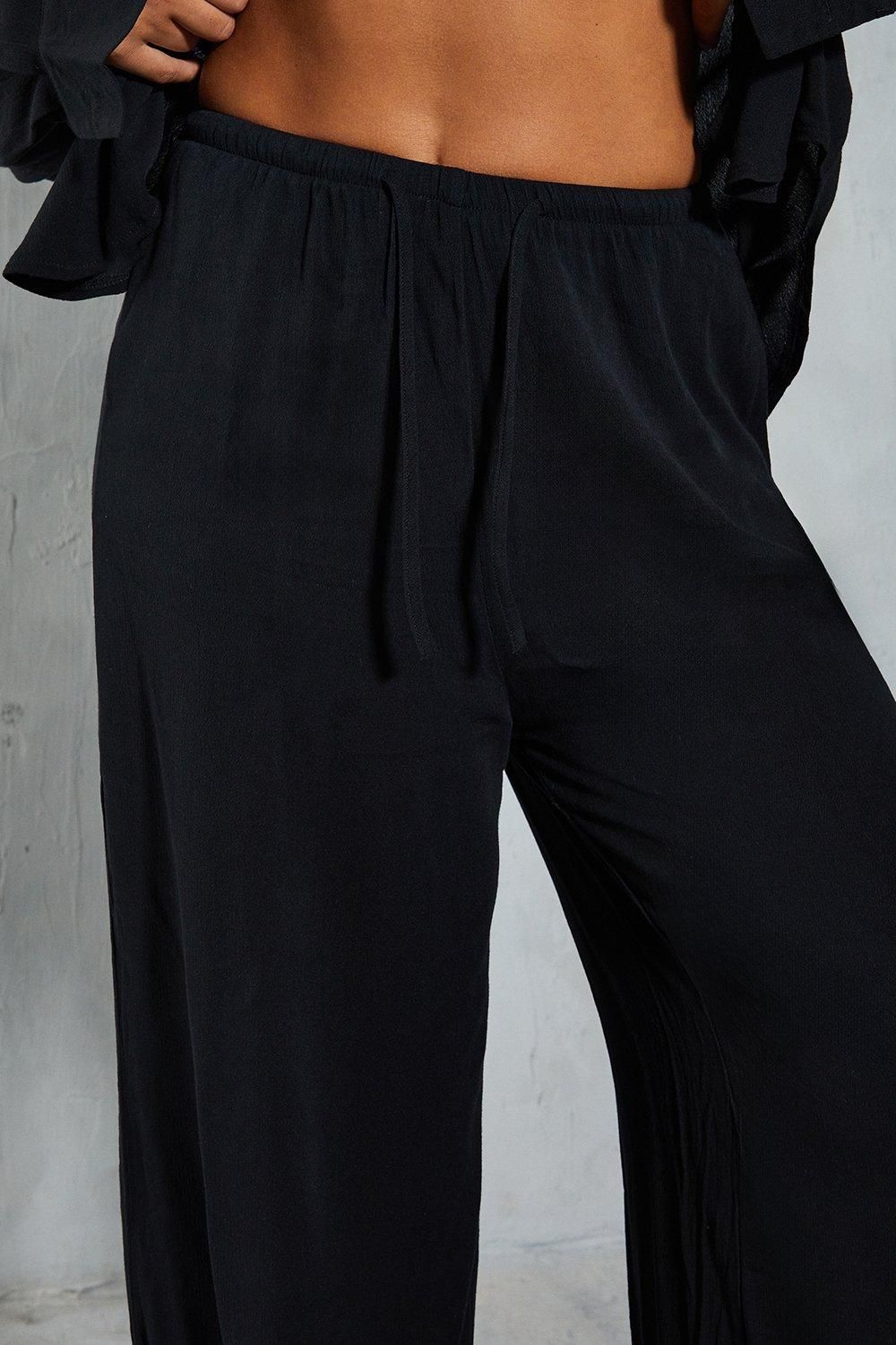 MissPap Crinkle Sheer Elastic Drawstring Waist Relaxed Trouser Black image 2