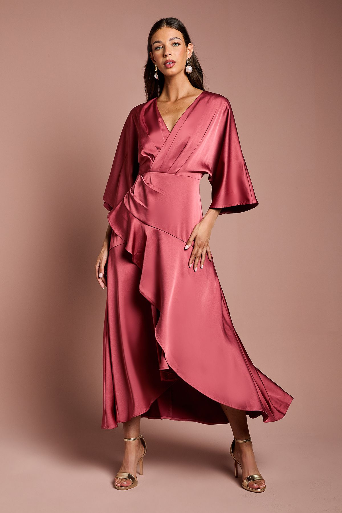 Coast Satin Back Crepe Ruffle Wrap Midi Dress Rust image 1
