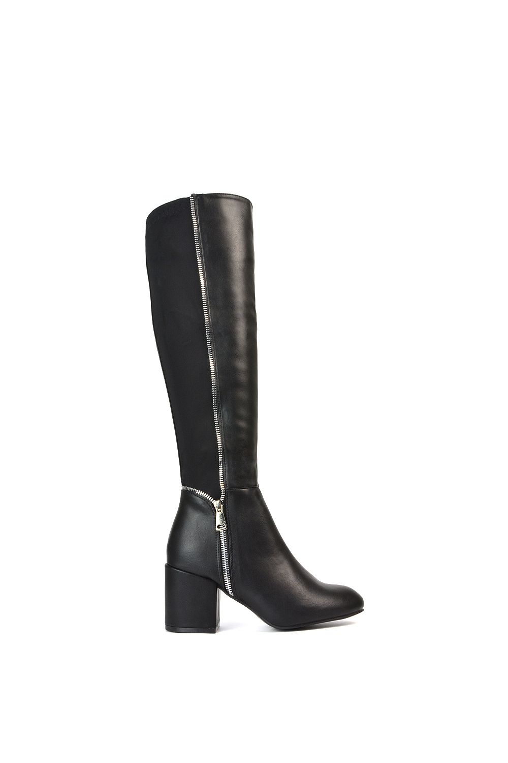 XY London 'Ronald' Silver Zip Up Knee High Boots With Mid Block Heel