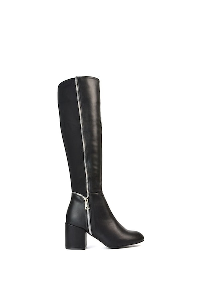 XY London 'Ronald' Silver Zip Up Knee High Boots With Mid Block Heel