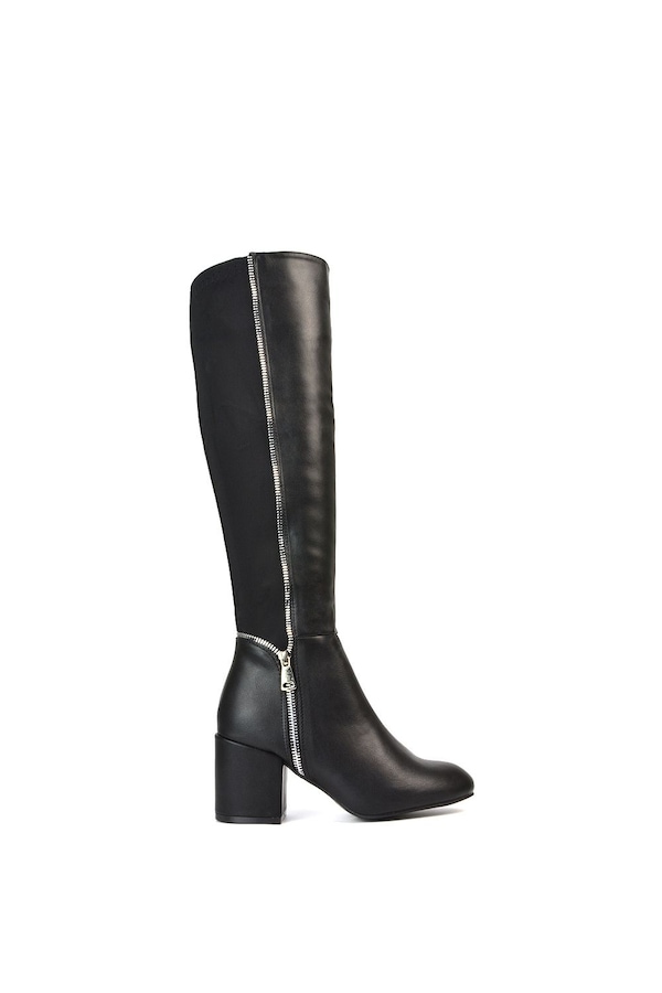 XY London 'Ronald' Silver Zip Up Knee High Boots With Mid Block Heel