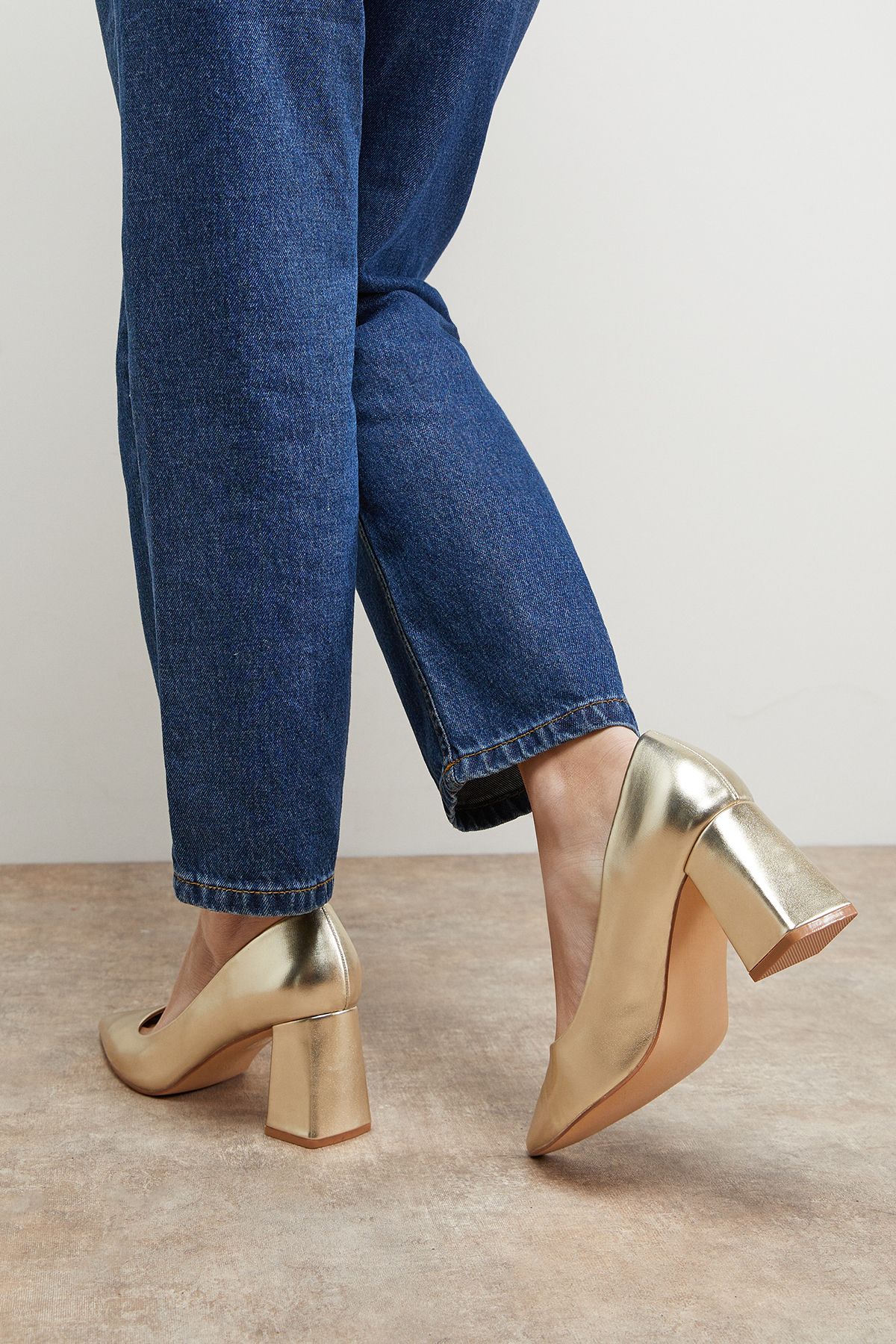 Oasis Val Faux Metallic Leather Pointed High Block Heel Courts Gold image 3