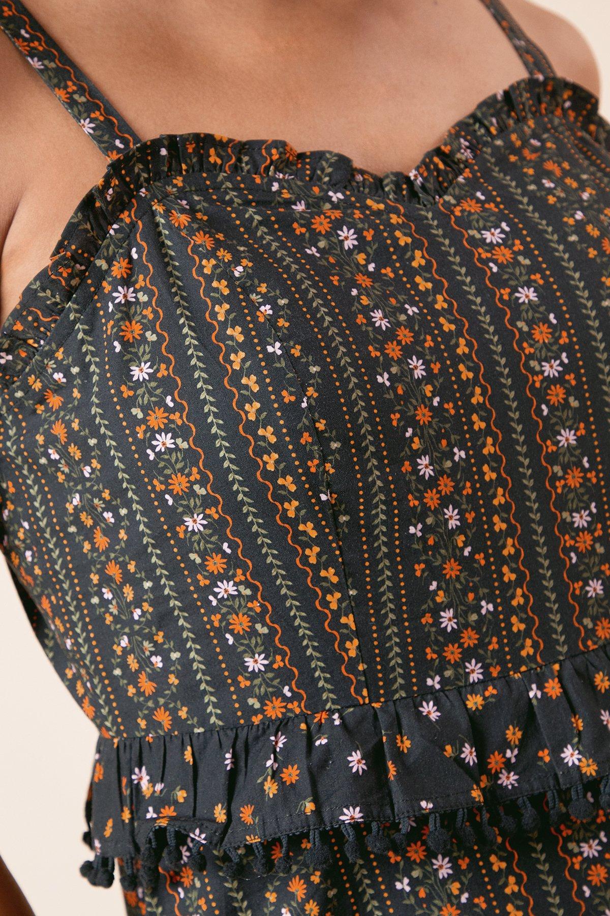 Dorothy Perkins Linear Floral Printed Ruffle Pom Pom Midi Dress Black image 5