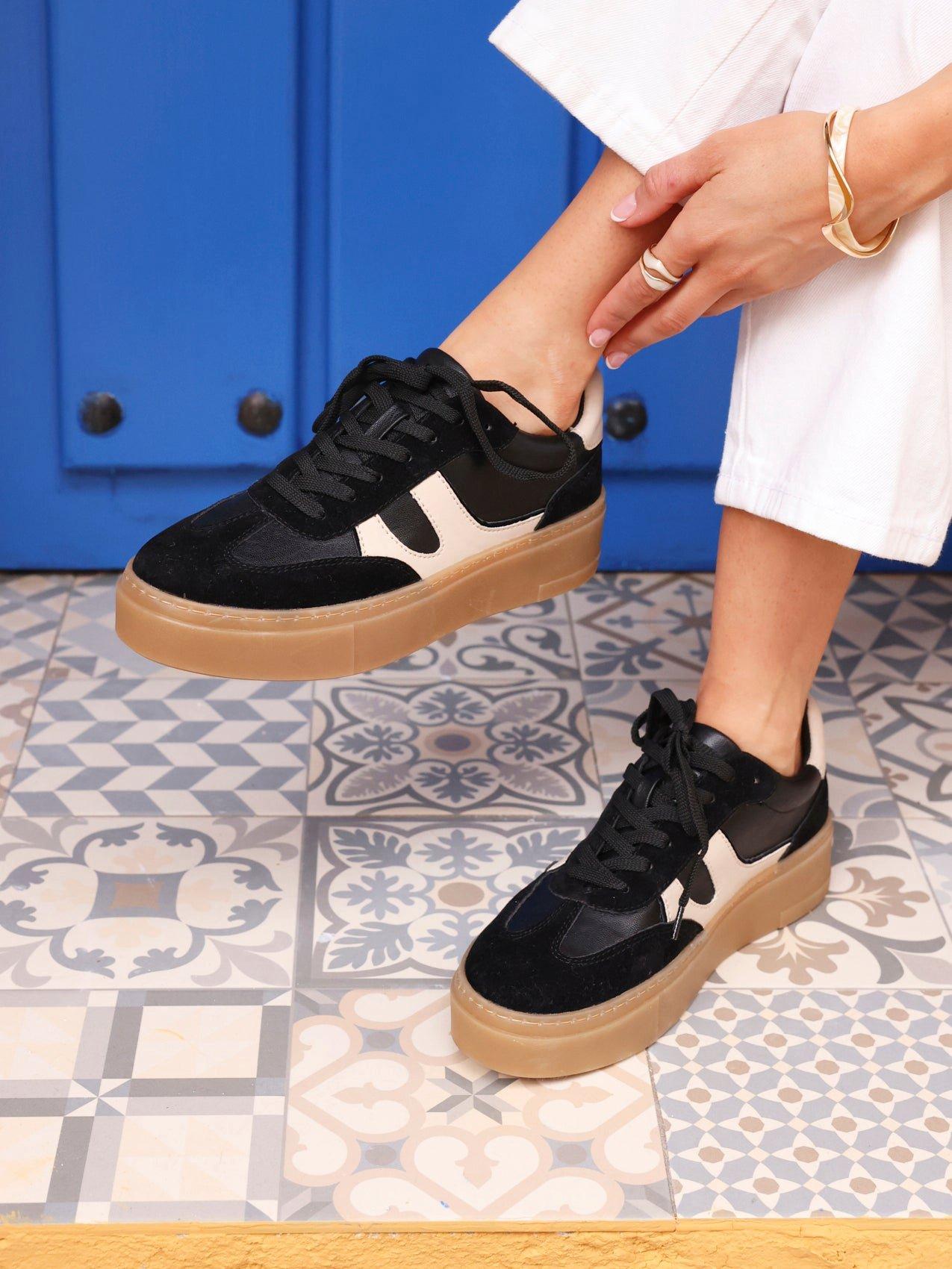 Linzi Kaia Black And Nude Faux Leather Lace Up Flatform Trainers image 2