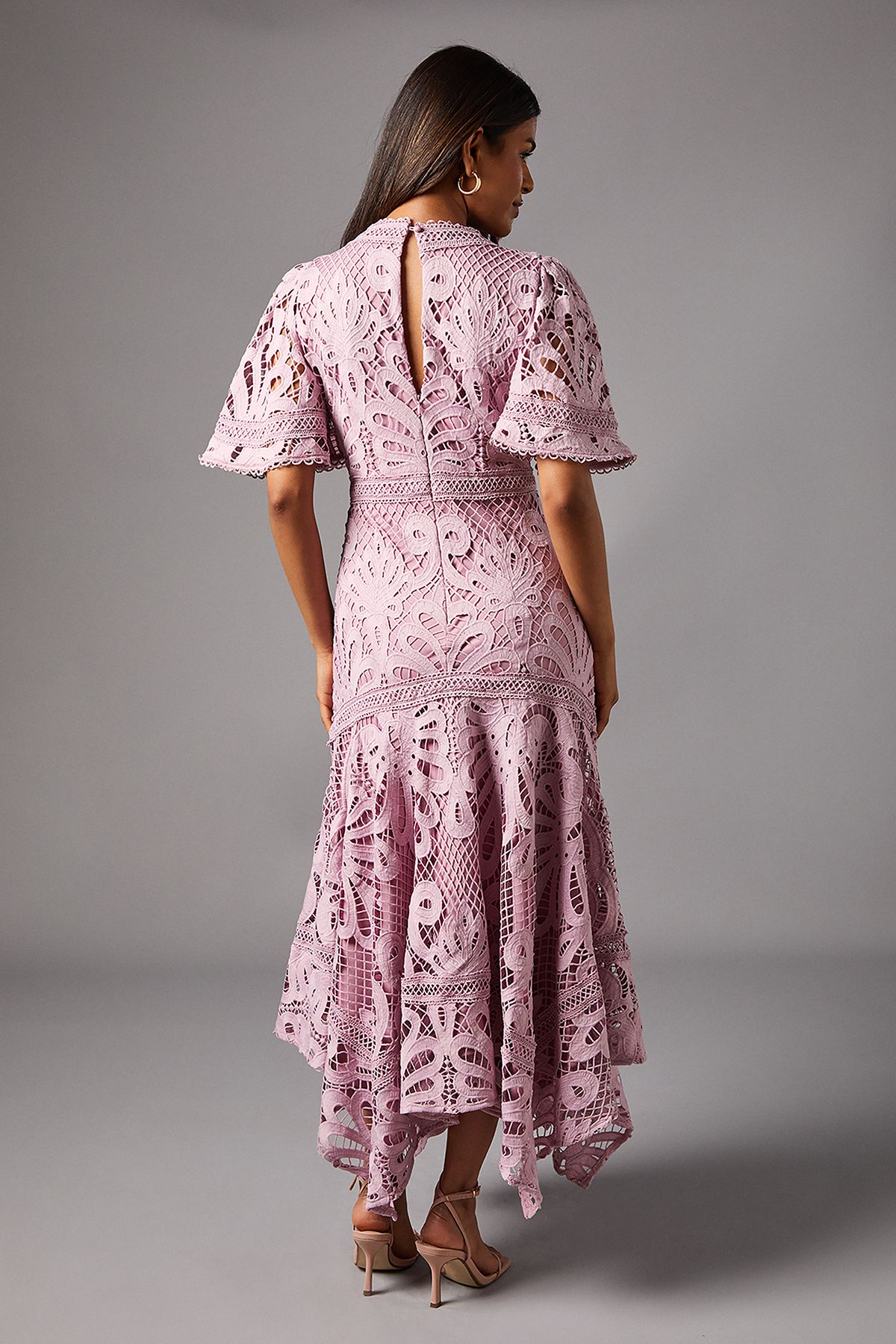 Coast Petite Placement Lace Hanky Hem Dress Lilac image 5