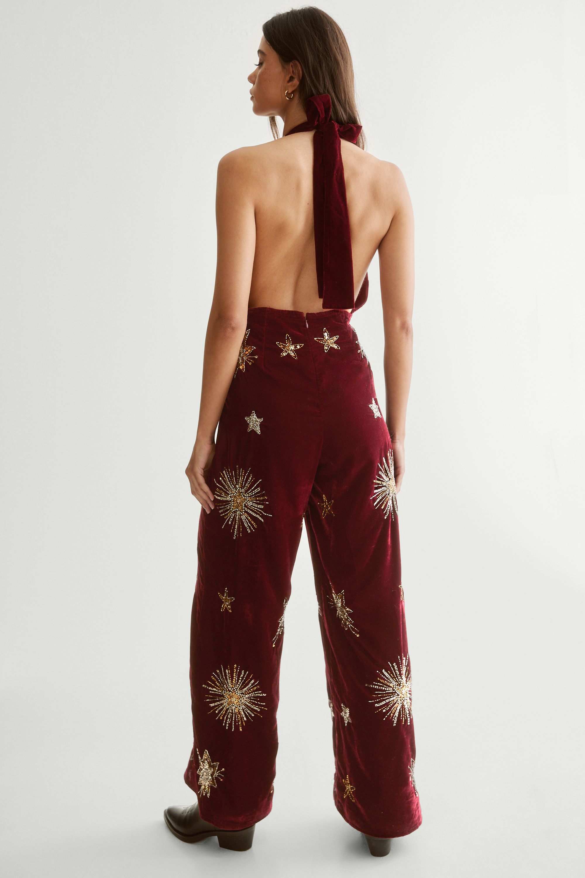 NastyGal Star Embellished Velvet Halter Jumpsuit Wine image 4