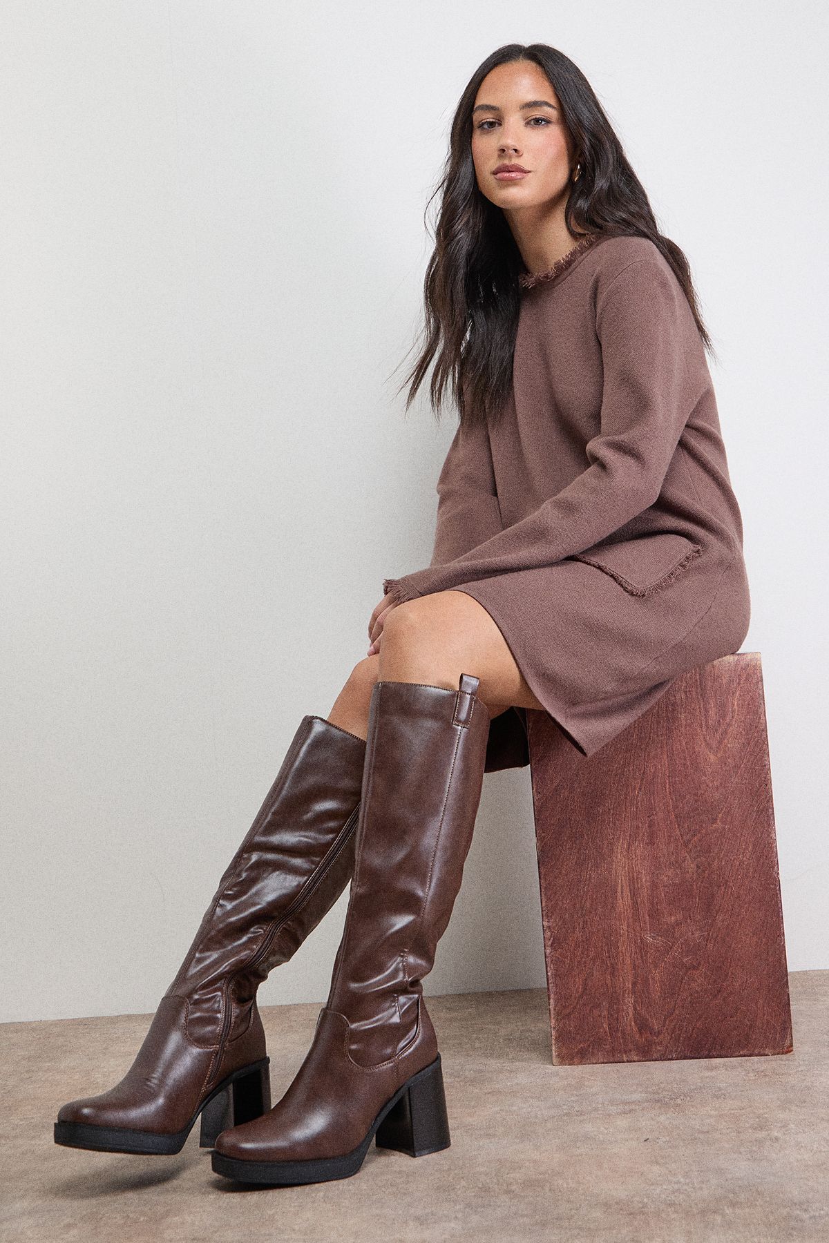 Oasis Marina Faux Leather Round Toe Platform High Block Heel Knee Boot Brown image 2