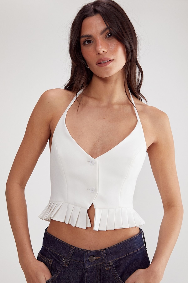 NastyGal Pleated Hem Tailored Top Ivory