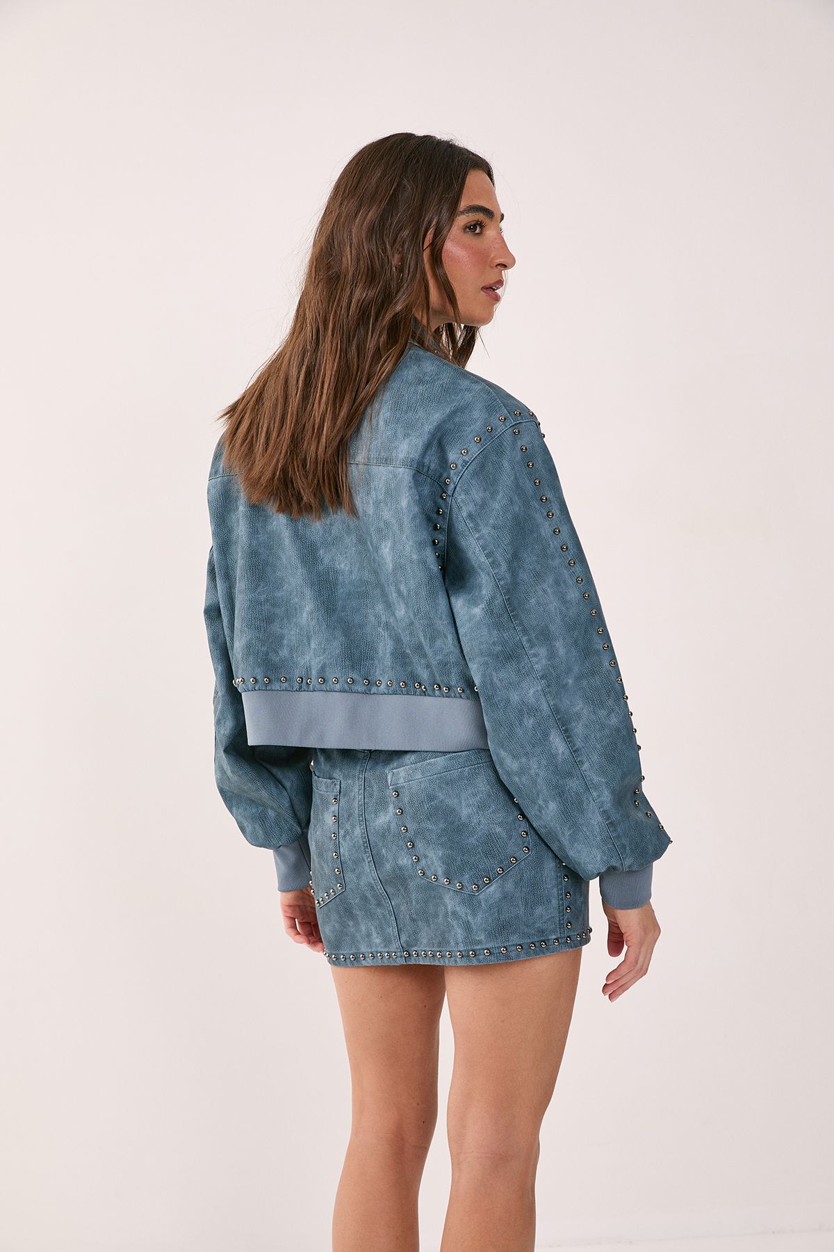 NastyGal Distressed Faux Leather Studded Bomber Jacket Blue image 3