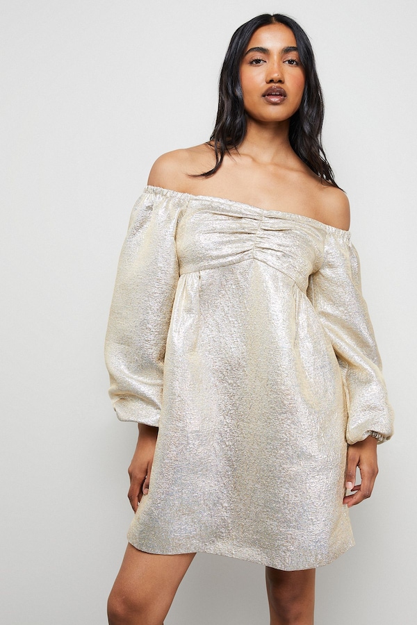 Warehouse Metallic Jacquard Bardot Balloon Sleeve Mini Dress Multi