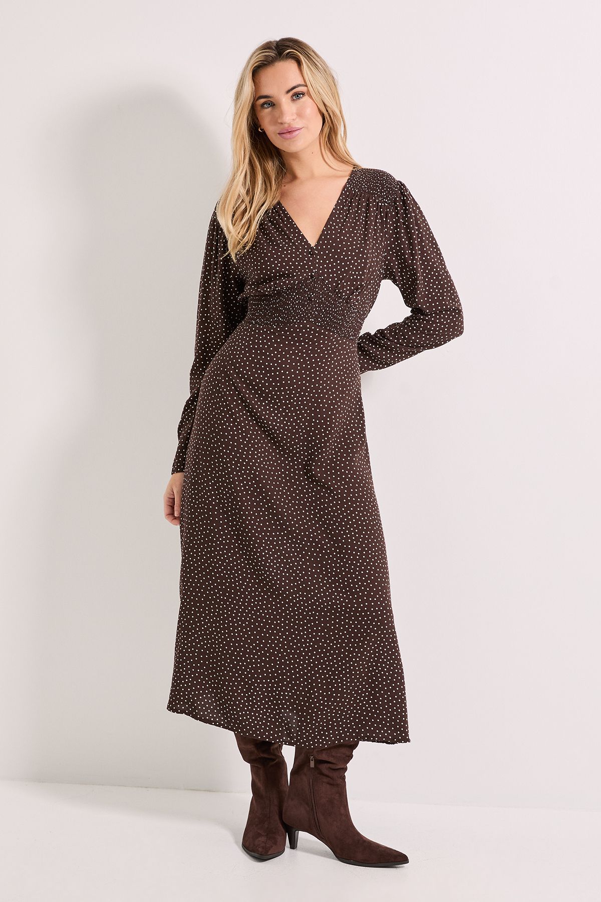 Dorothy Perkins Chocolate Pinspot Shirred Waist Button Detail Printed Midi Dress Chocolate image 1