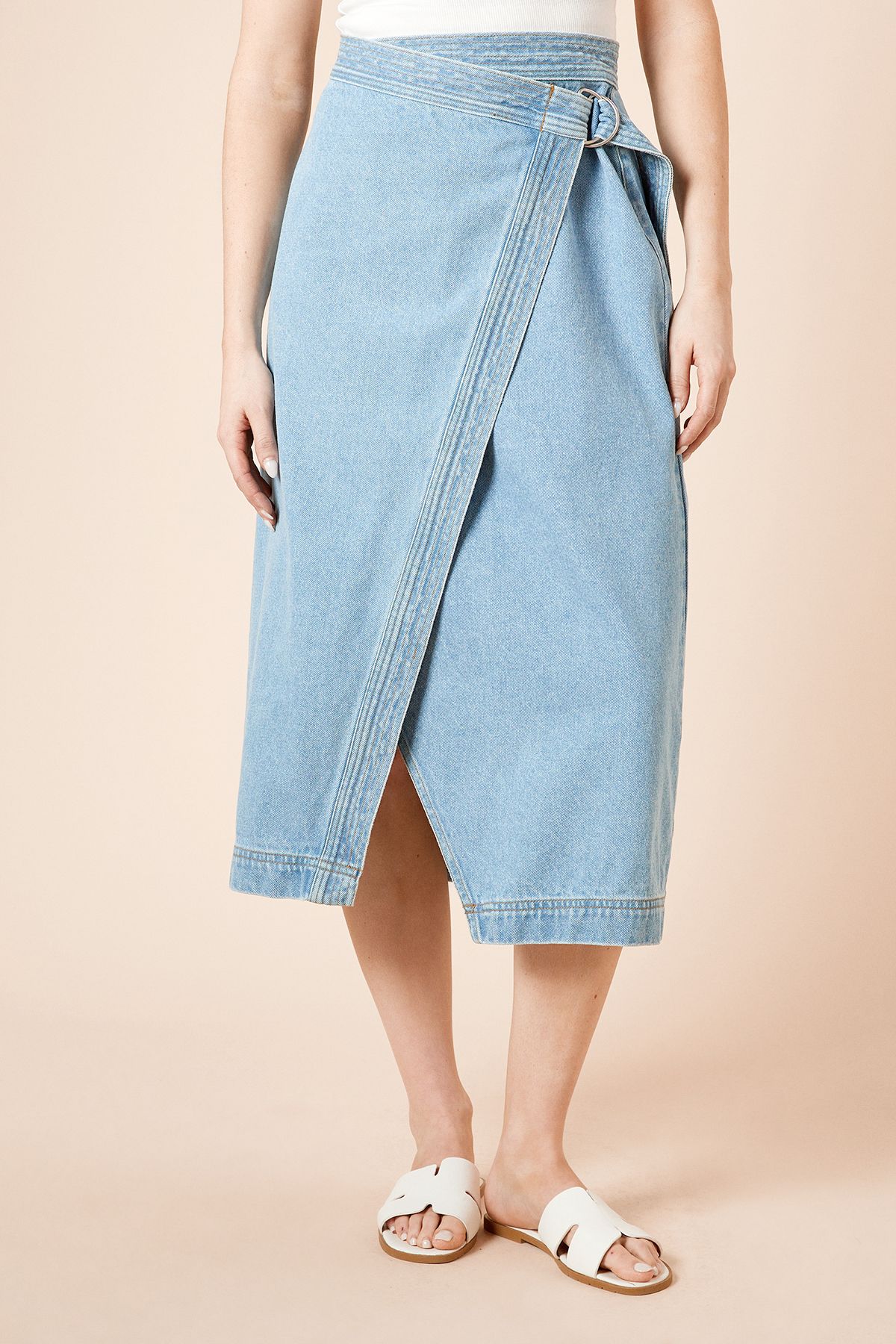 Dorothy Perkins Wrap Front Denim Midi Skirt Light Wash image 2