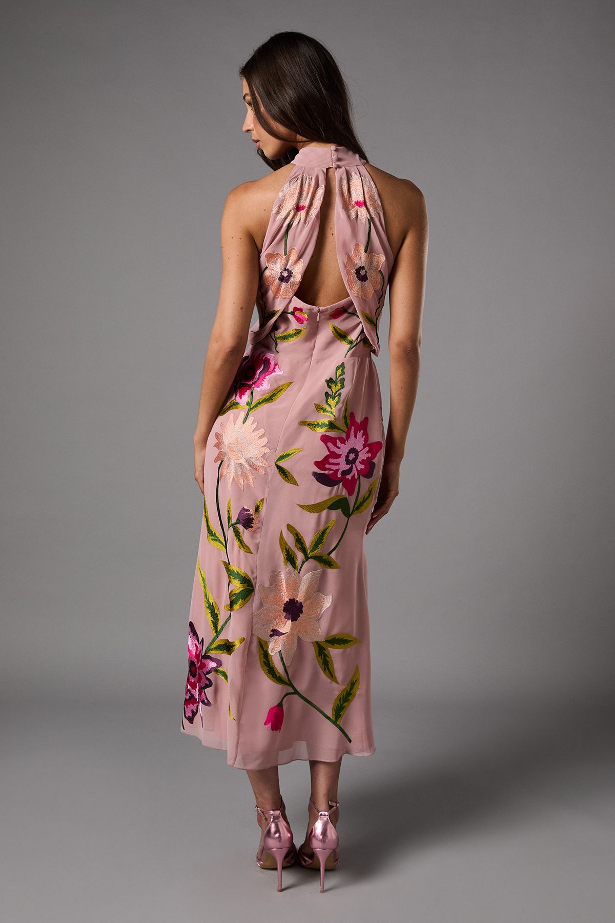 Coast High Neck Midi Dress With Floral Embroidery Blush image 3