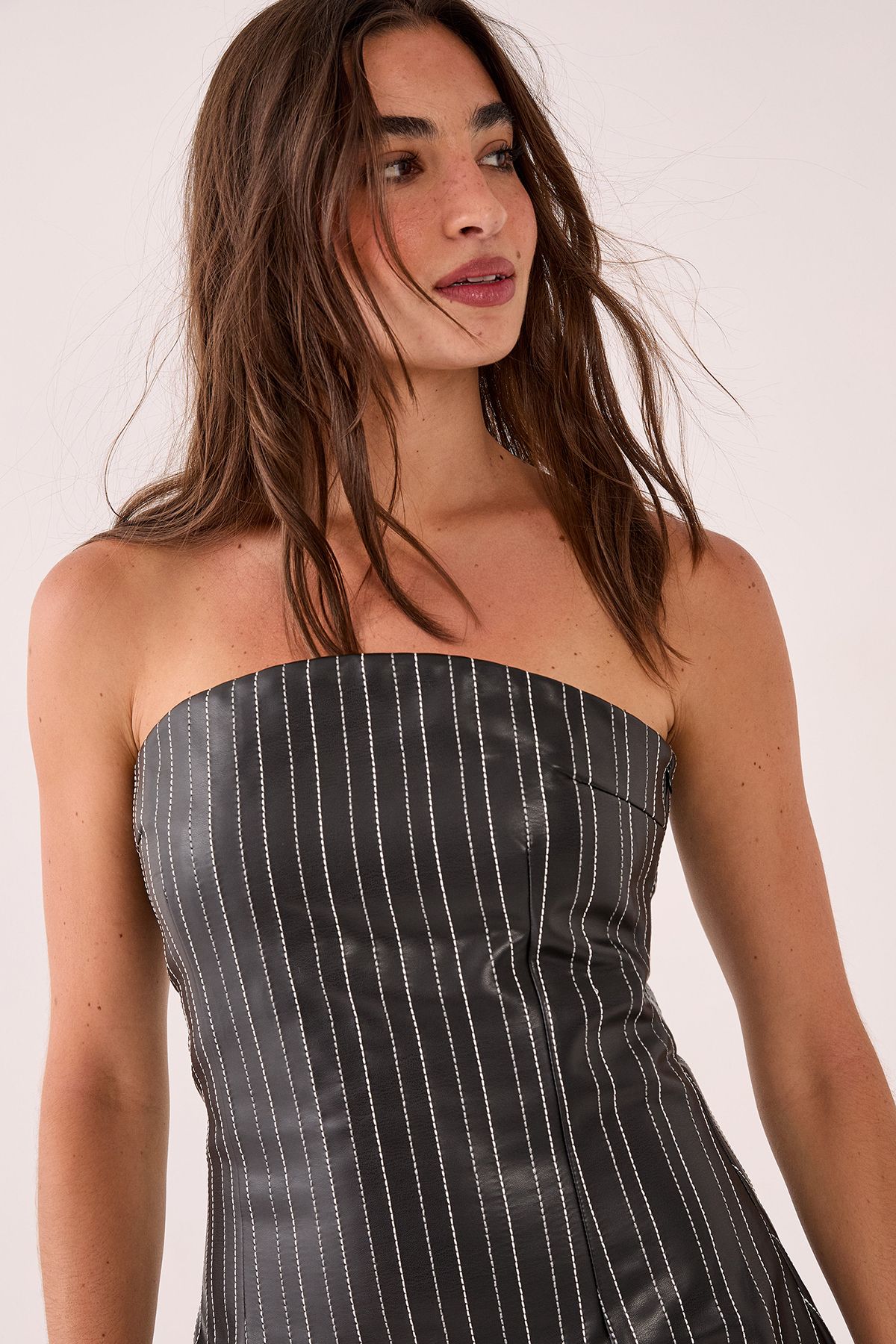 NastyGal Pinstripe Embroidered Faux Leather Bandeau Mini Dress Black image 3