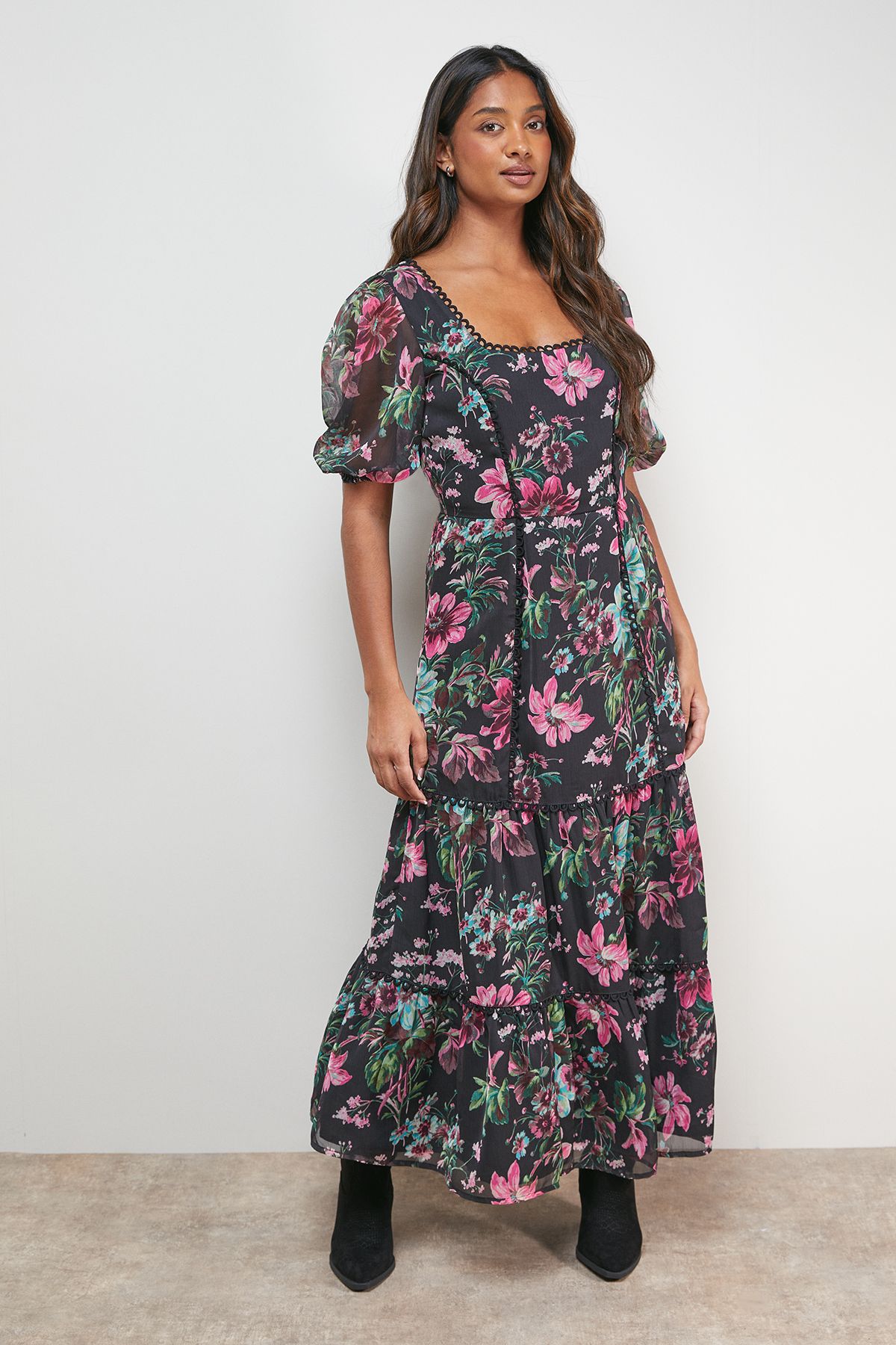 Oasis Printed Square Neck Scallop edge Puff Sleeve Midi Dress Multi image 1