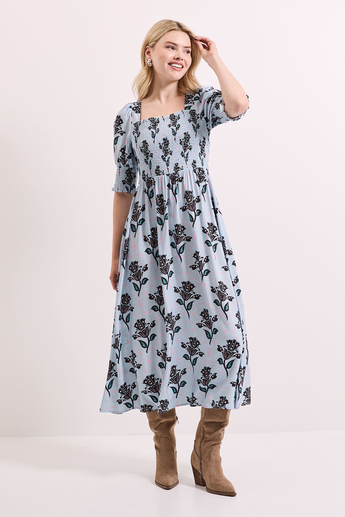 Dorothy Perkins Blue Floral Shirred Bodice Puff Sleeve Square Neck Midi Dress Blue image 1