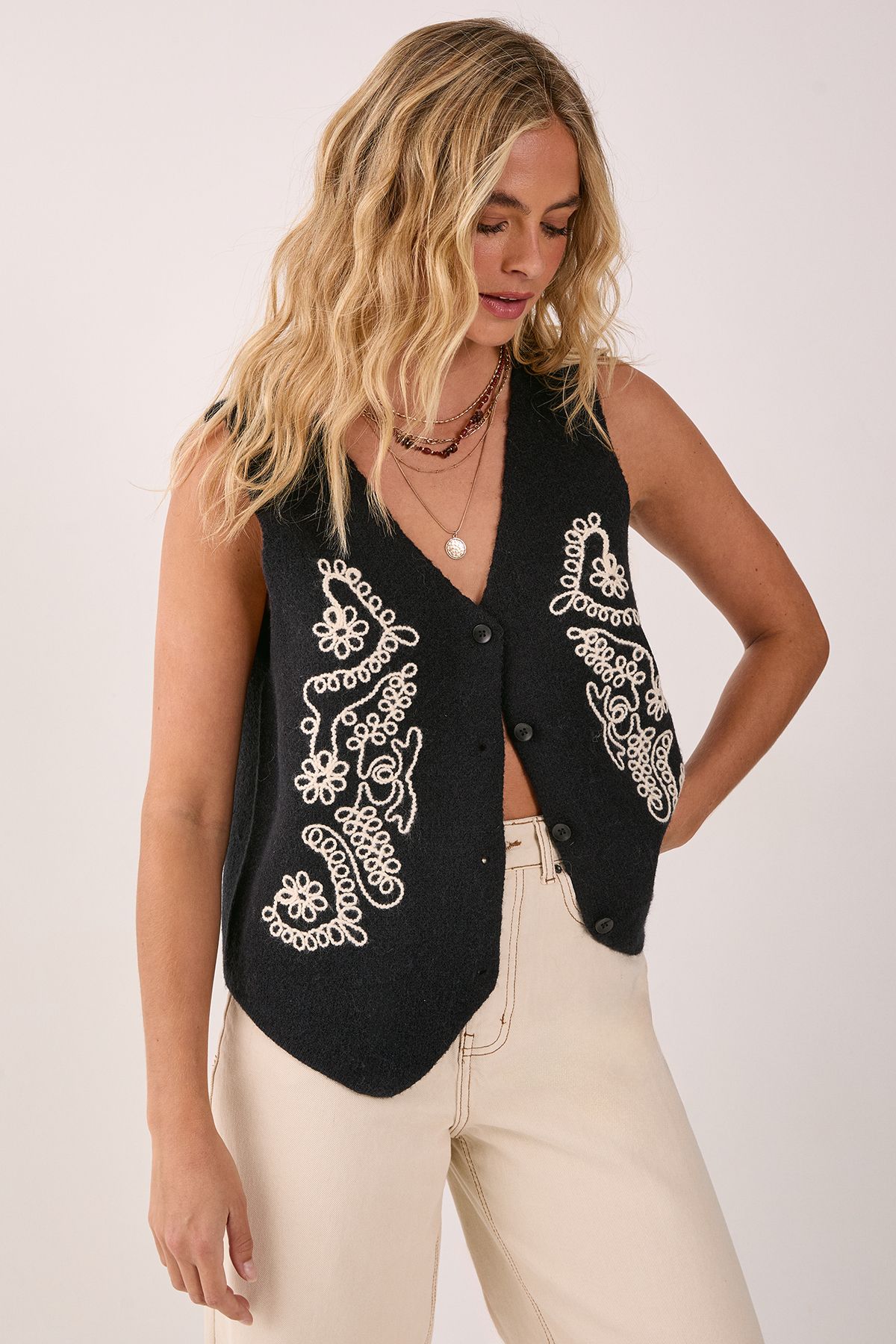 NastyGal Embroidered Knitted Waistcoat Black image 1