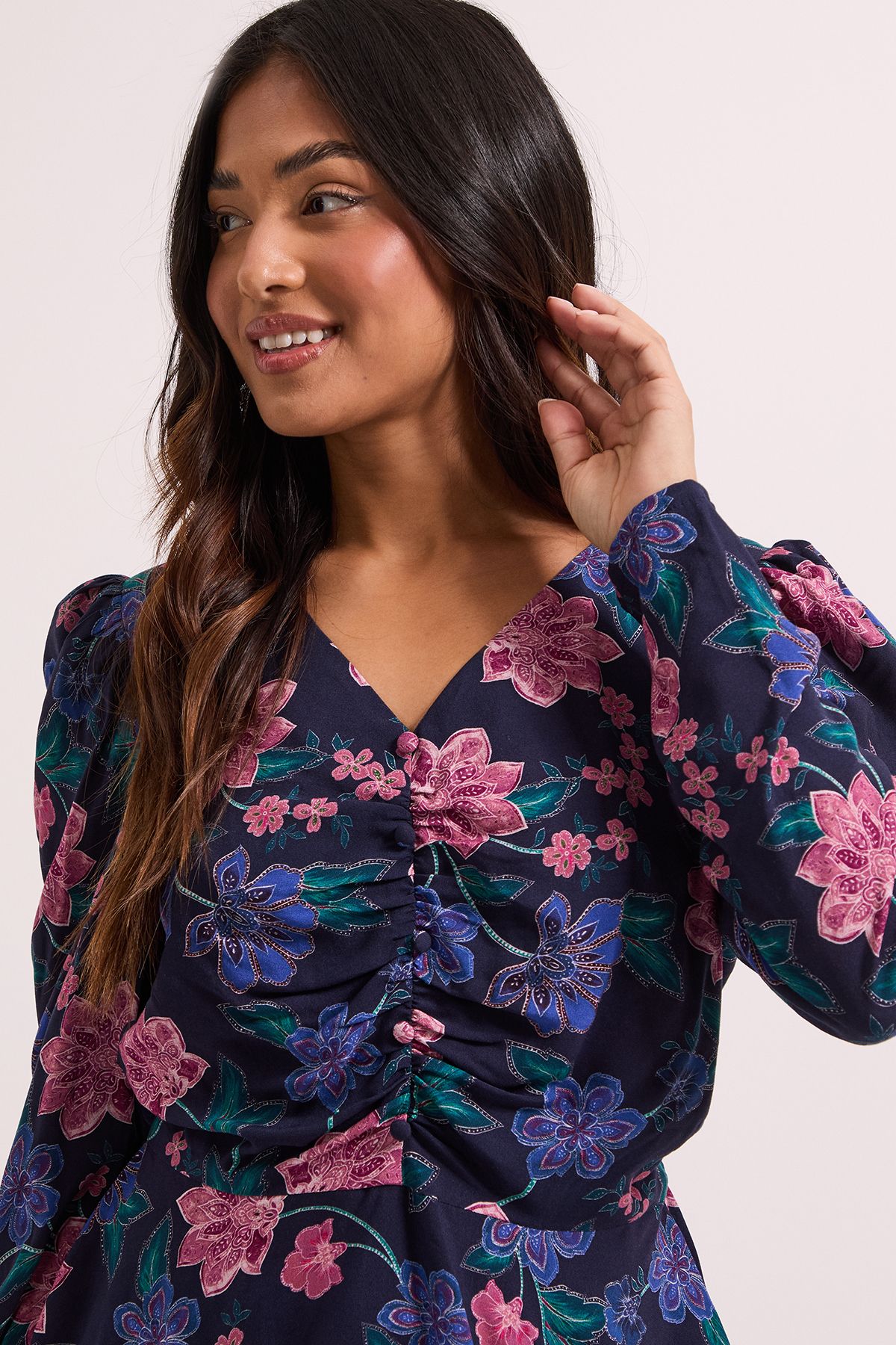 Dorothy Perkins Petite Blue Floral Button Detail Printed Peplum Blouse Floral image 3