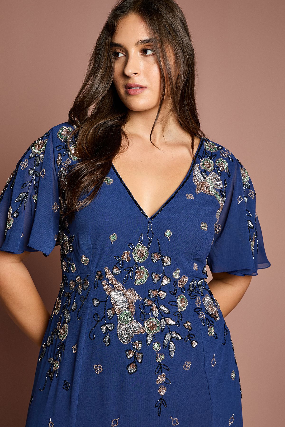 Coast Plus Floral Embellished Flutter Sleeve Midi Dress Navy image 2