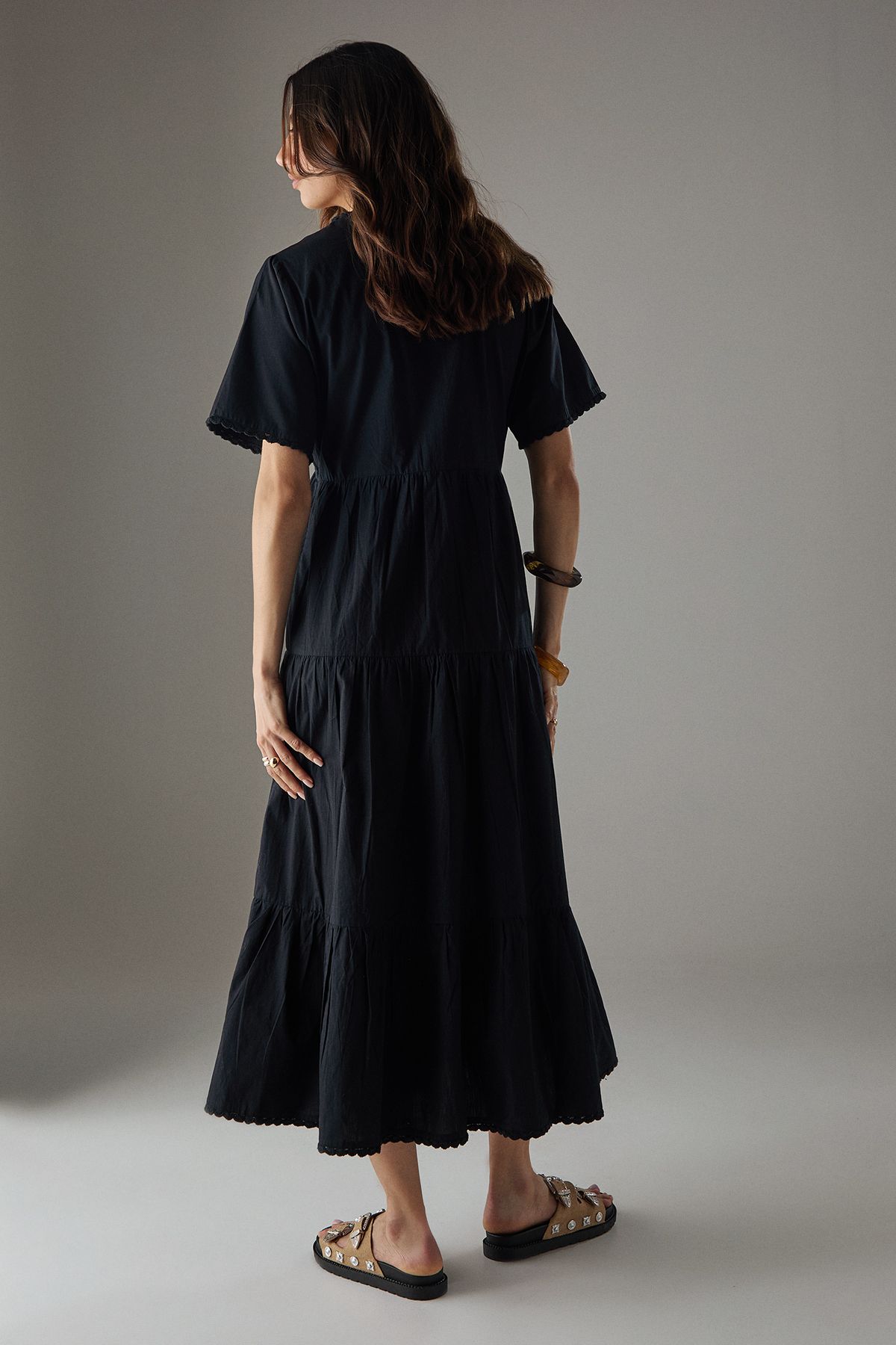 Warehouse Poplin Whipstitch Trim Midi Smock Dress Black image 4