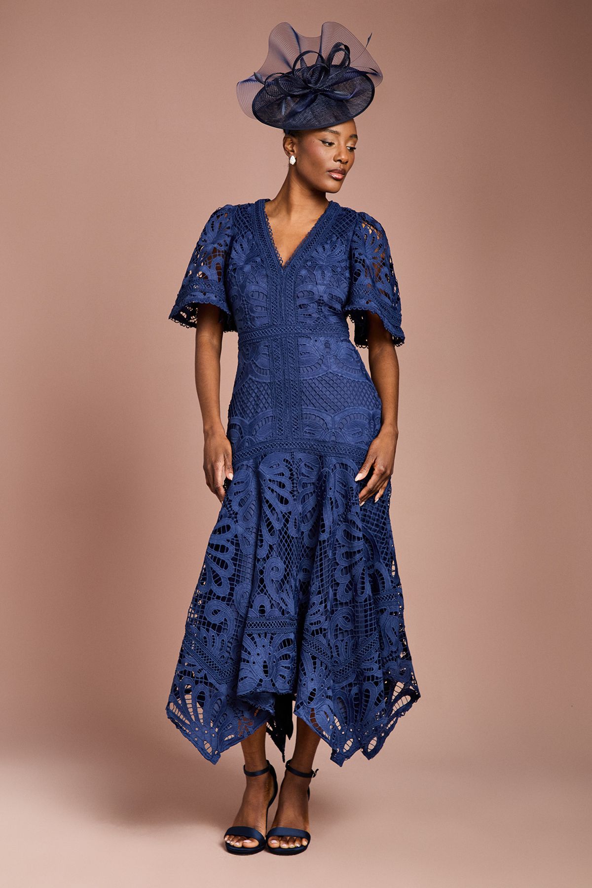 Coast Placement Lace Hanky Hem Dress Navy image 1