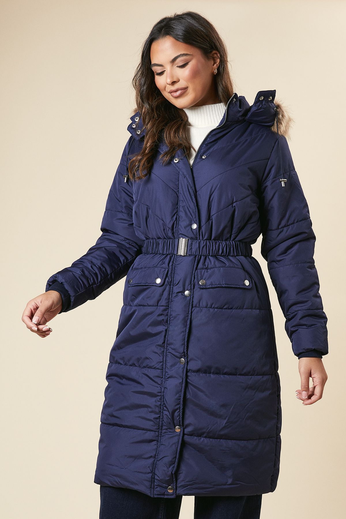 Dorothy Perkins Midi Luxe Padded Belted Coat Navy image 4