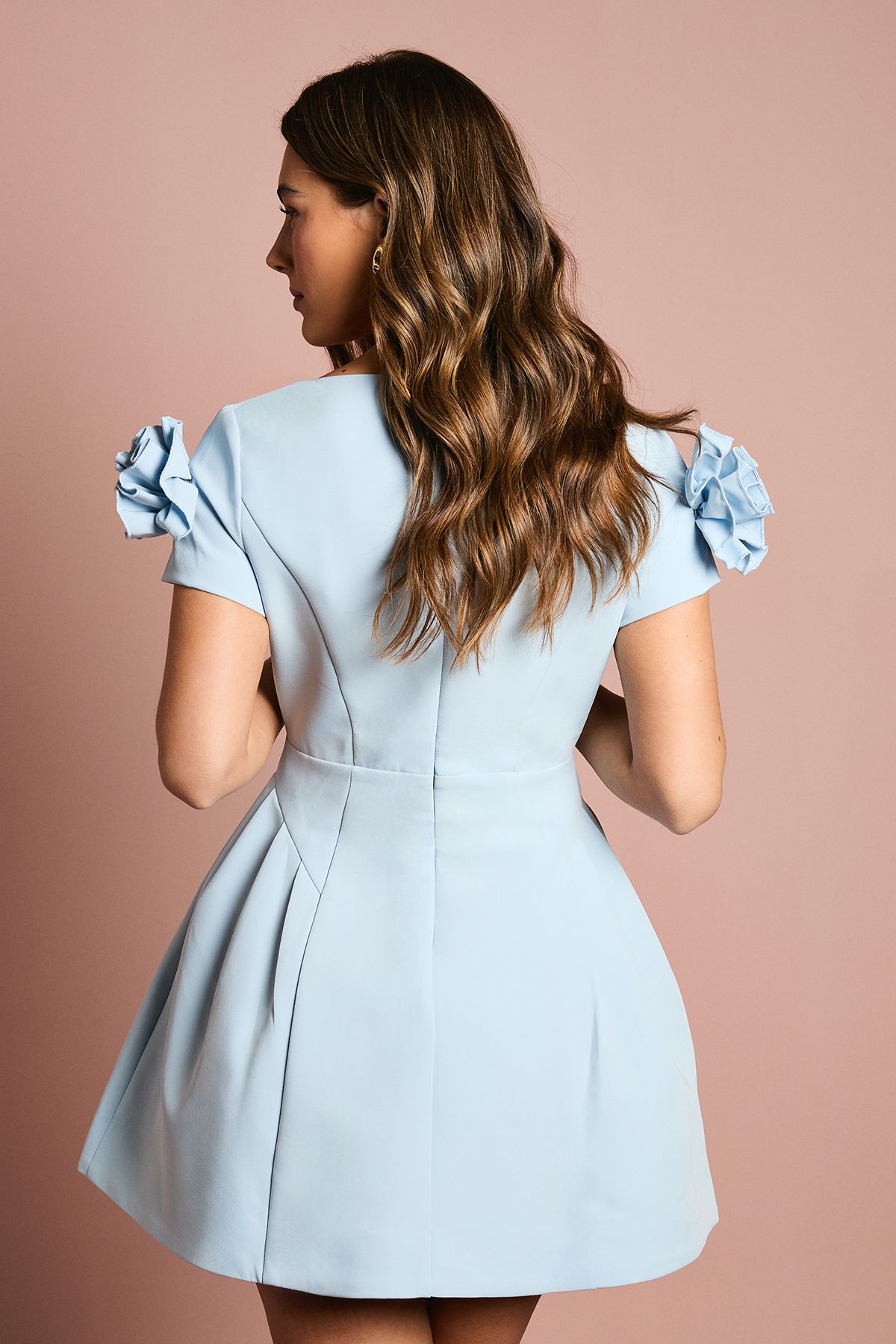 Coast 3D Flower Shoulder Short Sleeve Crepe Mini Dress Blue image 3