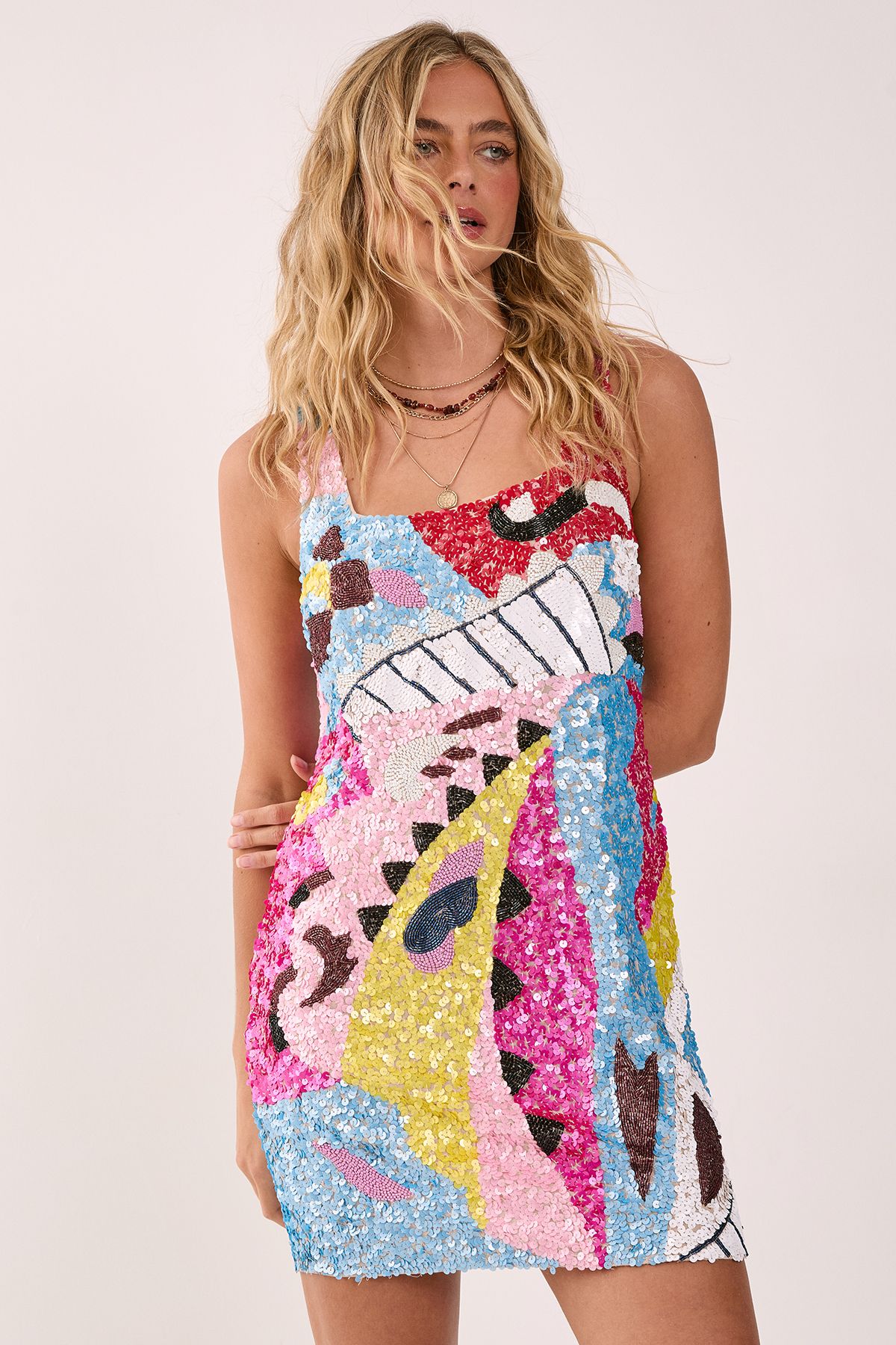 NastyGal Abstract Placement Embellished Square Neck Mini Dress Multi