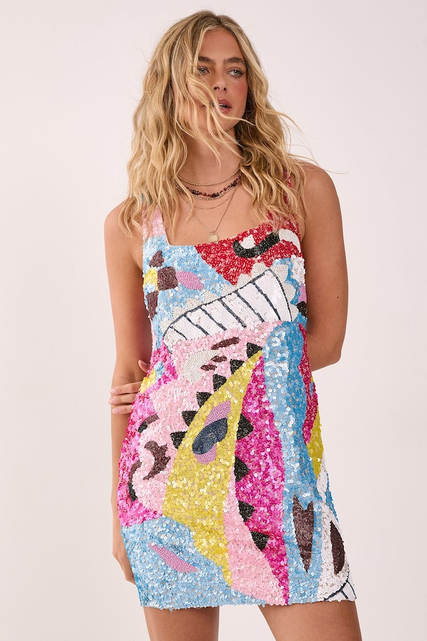 NastyGal Abstract Placement Embellished Square Neck Mini Dress Multi